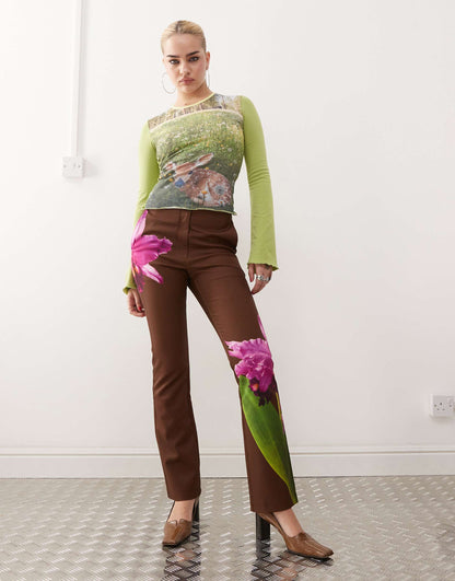 Orchid Print Satin Straight Leg Trousers