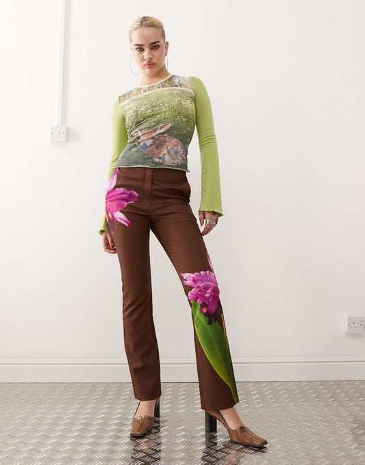 Orchid Print Satin Straight Leg Trousers