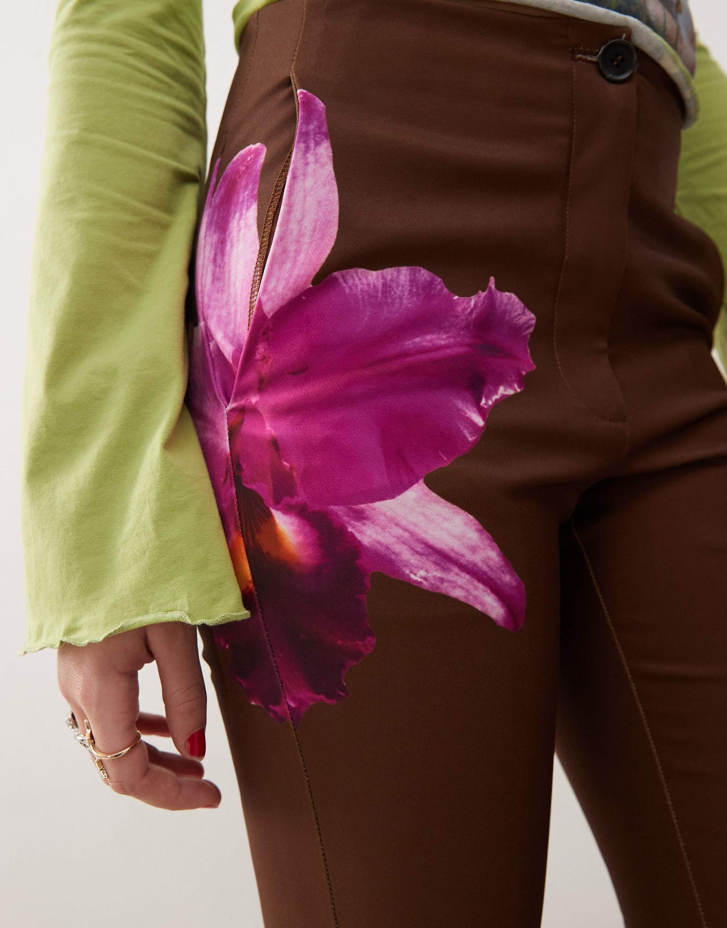 Orchid Print Satin Straight Leg Trousers