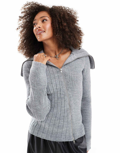 Knitted Zip Through Rib Cardigan