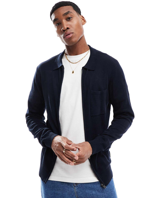 Zip Through Polo Jumper With Pocket