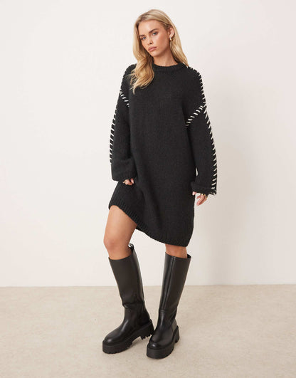 Petite Knitted Jumper Mini Dress With Contrast Stitch