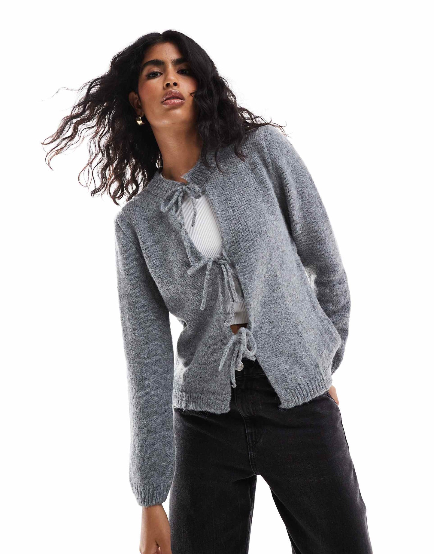 Knitted Wool Blend Oversized Tie Front Cardigan