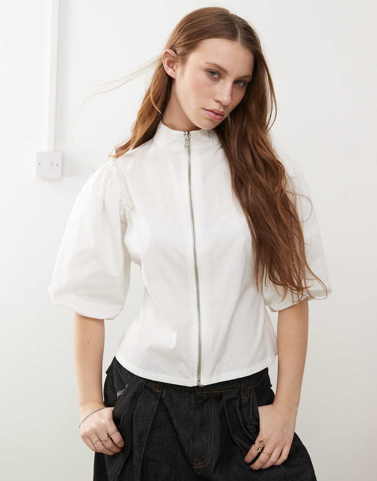 Bubble Sleeve Top With Zip Detail