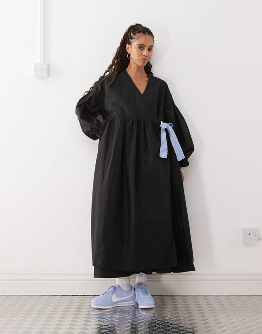 Oversized Wrap Maxi Smock Dress With Contrast Gingham Ties