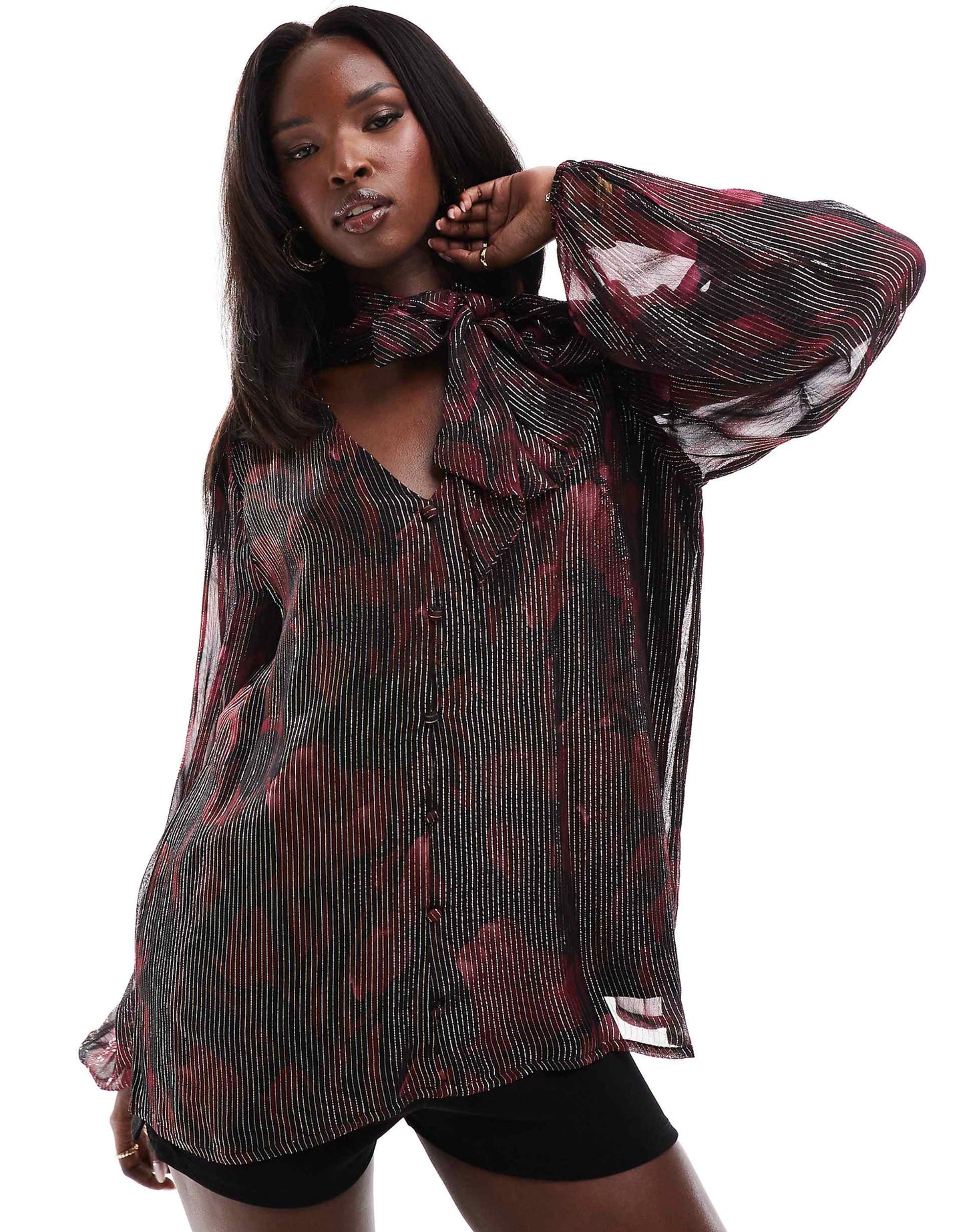 Printed Metallic Long Sleeve Blouse With Tie Neck