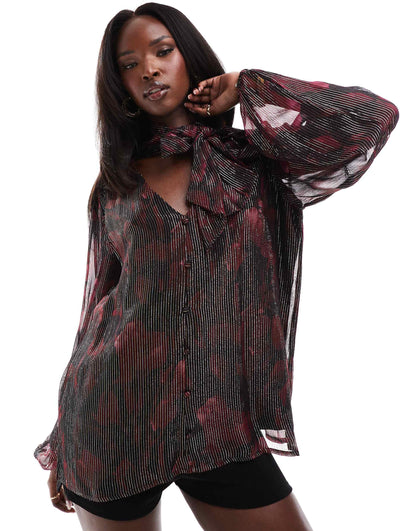 Printed Metallic Long Sleeve Blouse With Tie Neck