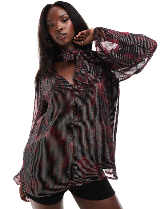 Printed Metallic Long Sleeve Blouse With Tie Neck