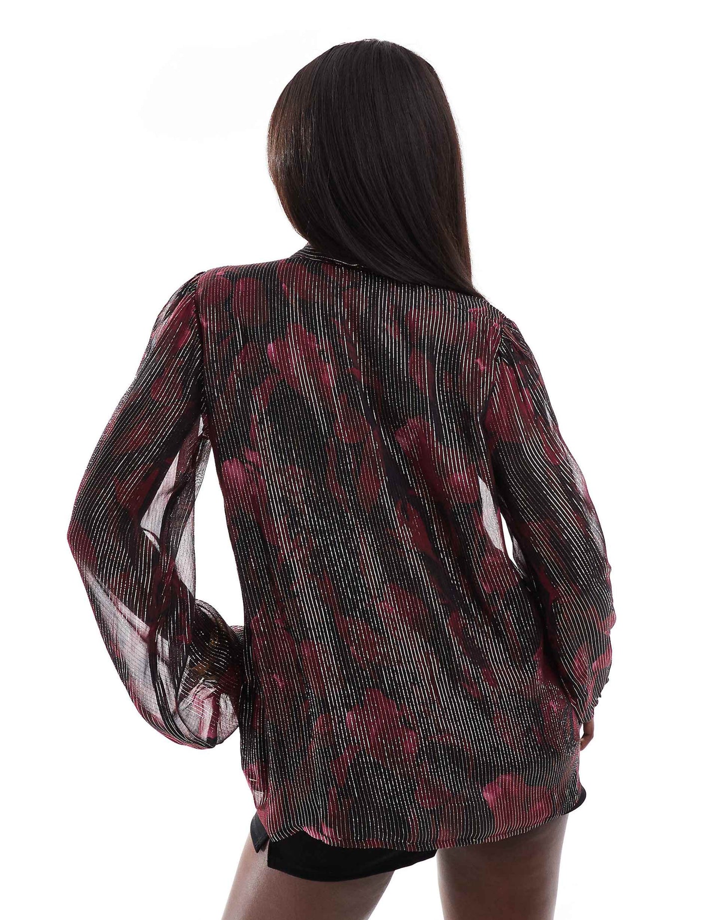 Printed Metallic Long Sleeve Blouse With Tie Neck