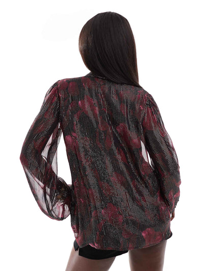 Printed Metallic Long Sleeve Blouse With Tie Neck