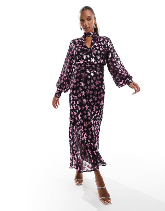 Metallic Star Long Sleeve Midi Dress