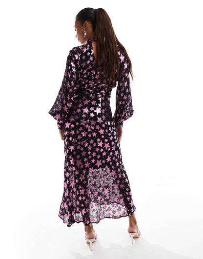 Metallic Star Long Sleeve Midi Dress