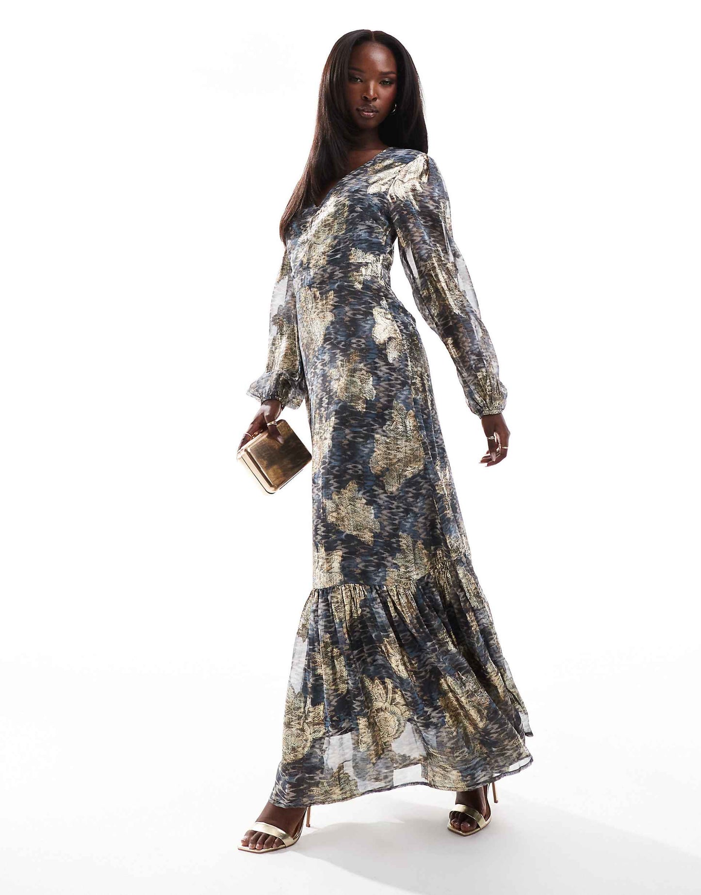 Metallic Printed Balloon Sleeve Maxi Dress