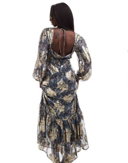 Metallic Printed Balloon Sleeve Maxi Dress