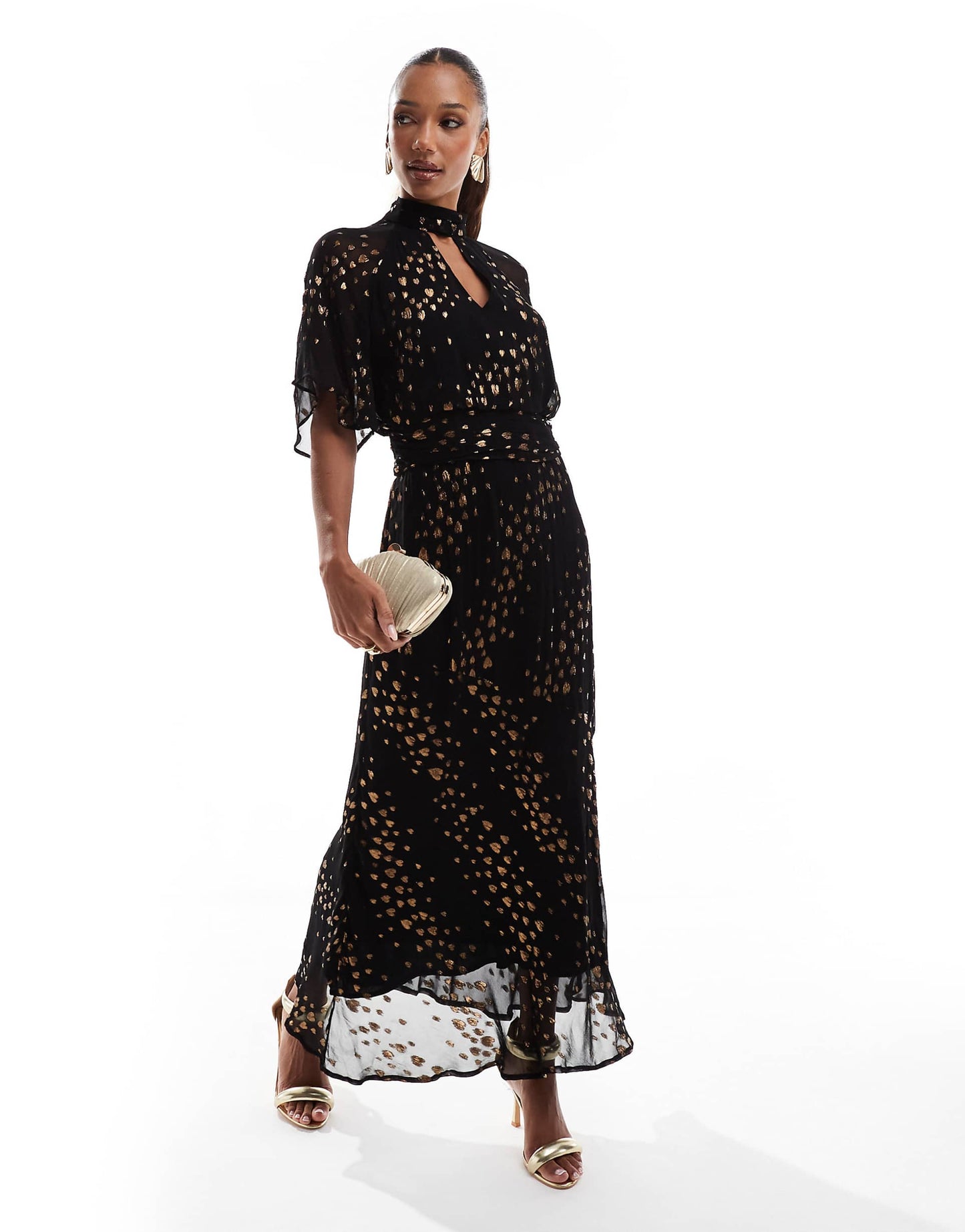 Print Metallic Angel Sleeve Midi Dress With Neck Band Detail