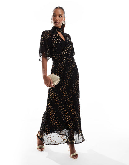 Print Metallic Angel Sleeve Midi Dress With Neck Band Detail