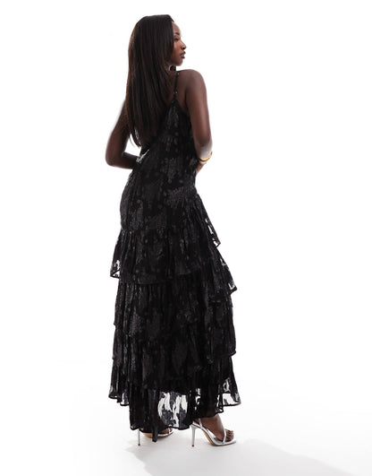 Metallic Ruffle Strappy Shoulder Maxi Dress