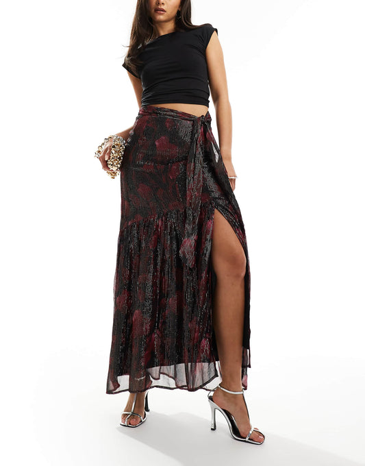 Metallic Printed Aline Maxi Skirt With Ruffle Detail