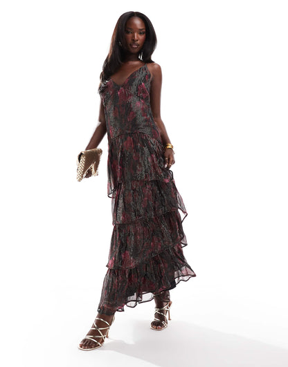 Printed Metallic Ruffle Strappy Shoulder Maxi Dress