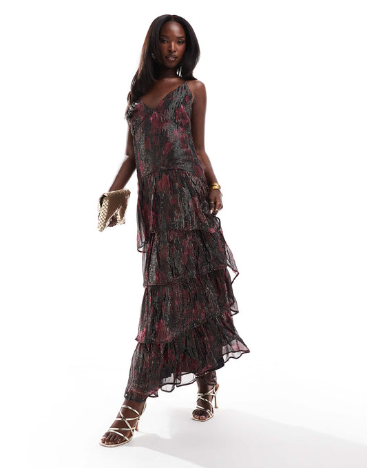Printed Metallic Ruffle Strappy Shoulder Maxi Dress