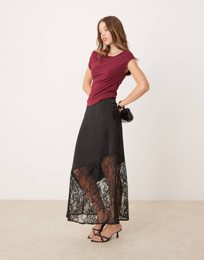 Satin Midi Skirt With Lace Insert