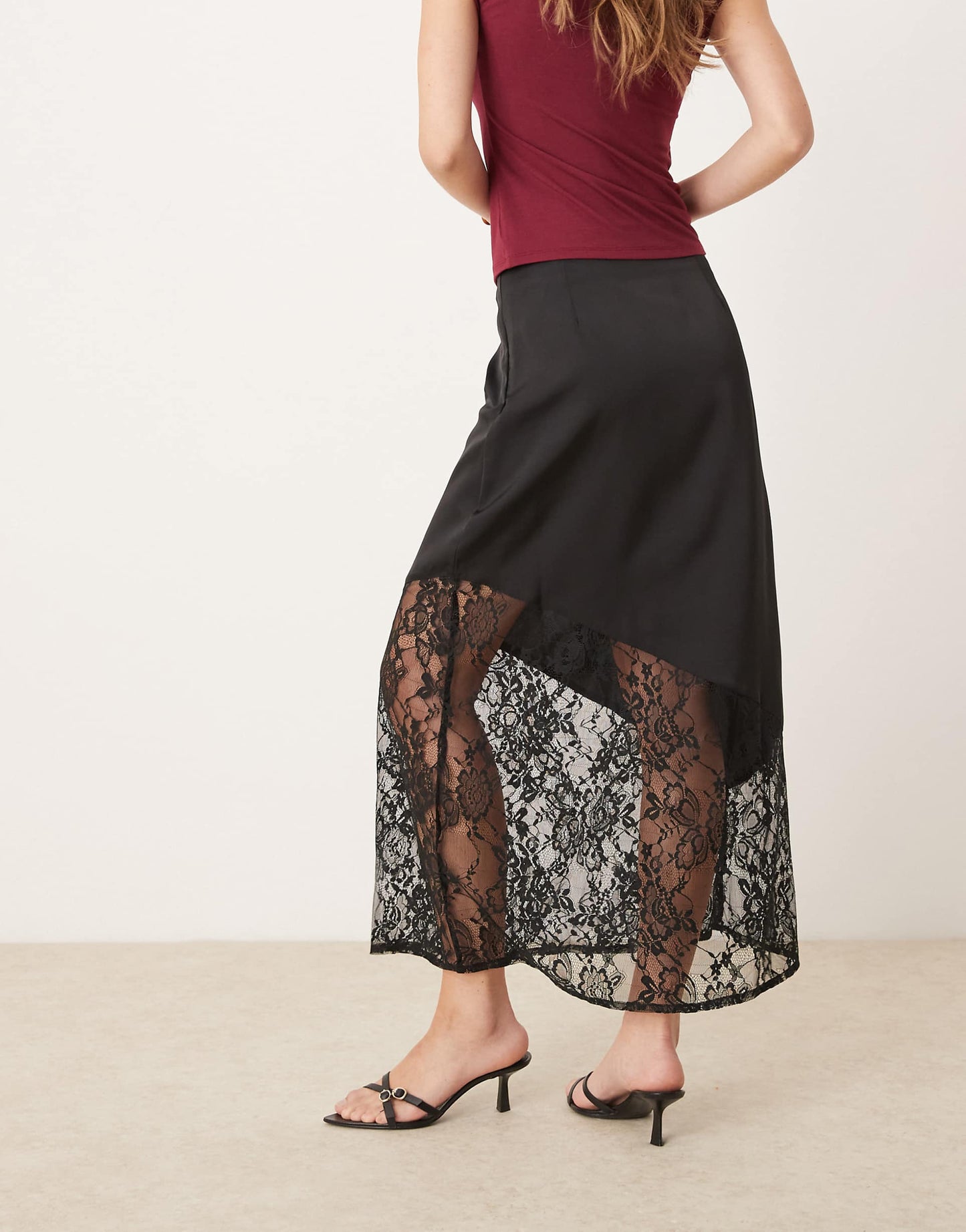 Satin Midi Skirt With Lace Insert