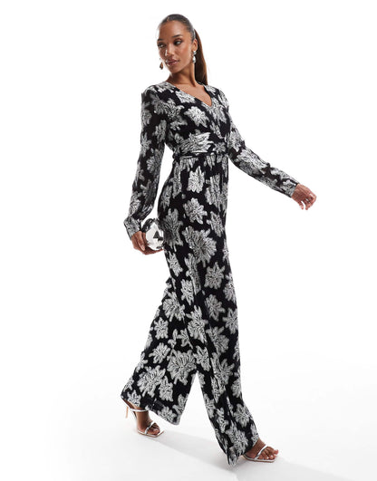 Metallic Flower Long Sleeve Jumpsuit