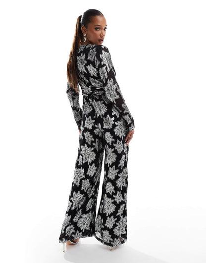 Metallic Flower Long Sleeve Jumpsuit