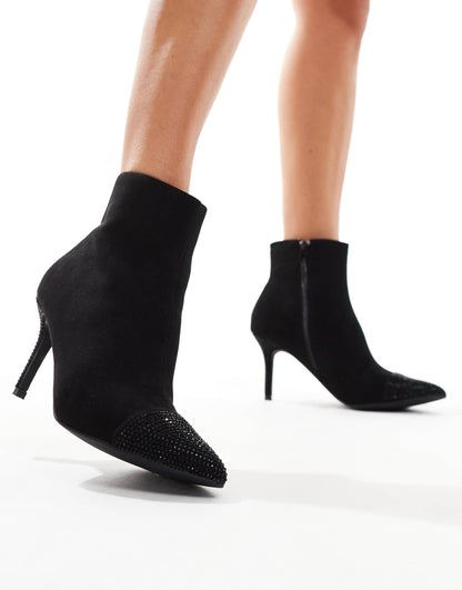 Ankle Heeled Boot With  Gem Embellished Toe