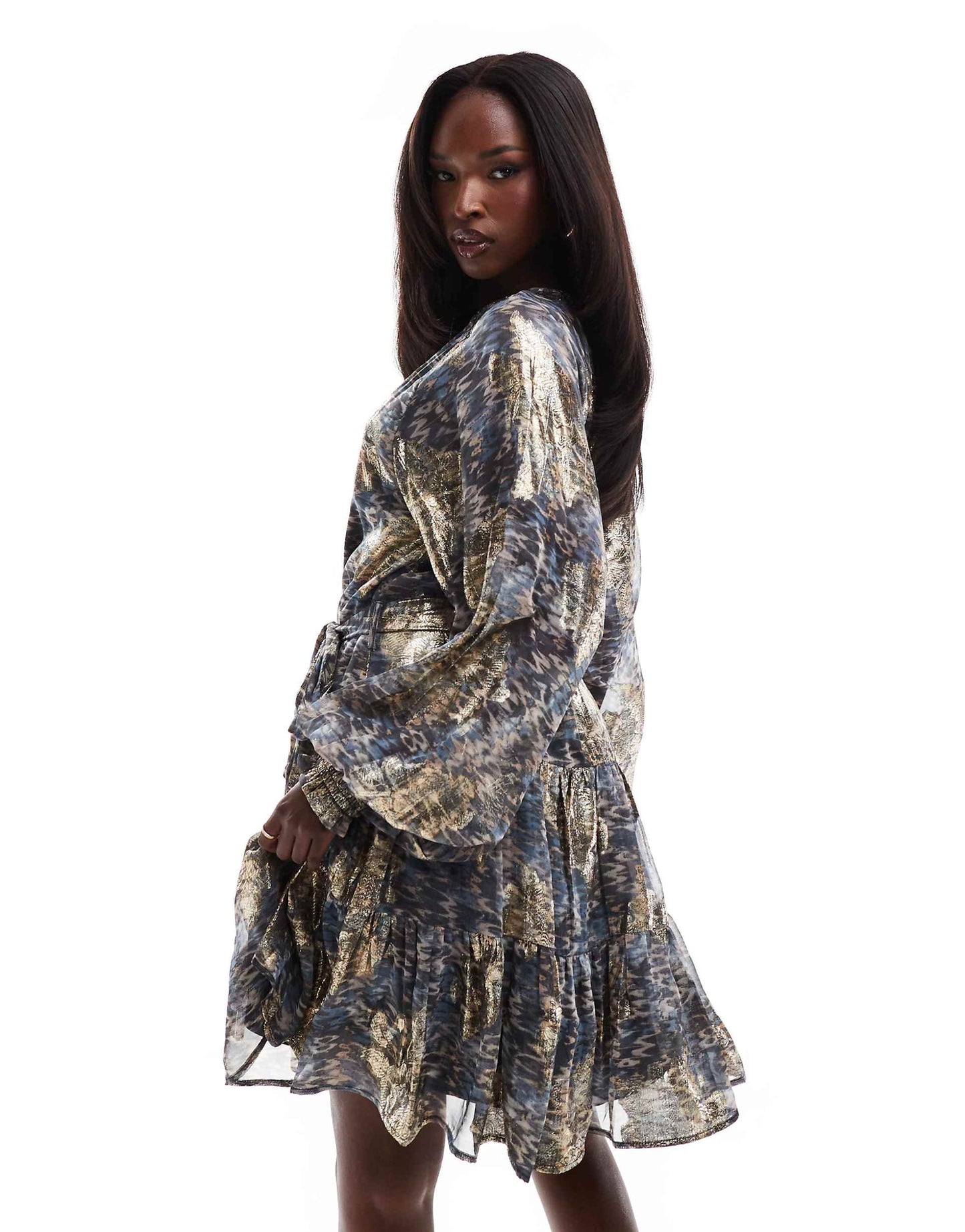 Print Metallic Long Sleeve Short Dress