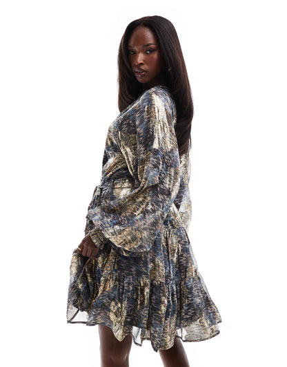 Print Metallic Long Sleeve Short Dress