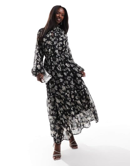 Printed Metallic V Neck Boho Midi Dress