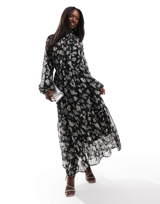 Printed Metallic V Neck Boho Midi Dress