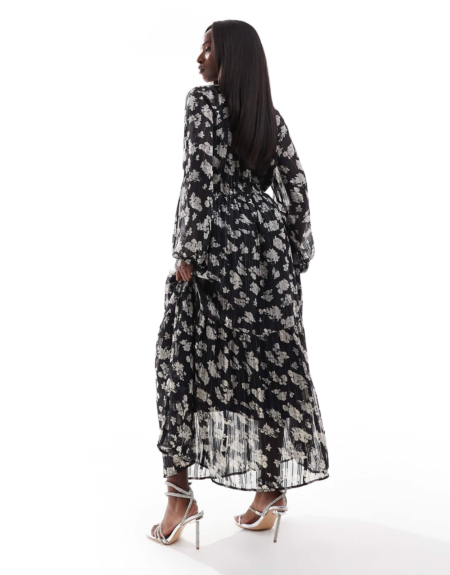 Printed Metallic V Neck Boho Midi Dress