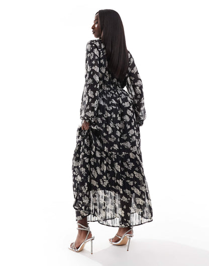 Printed Metallic V Neck Boho Midi Dress