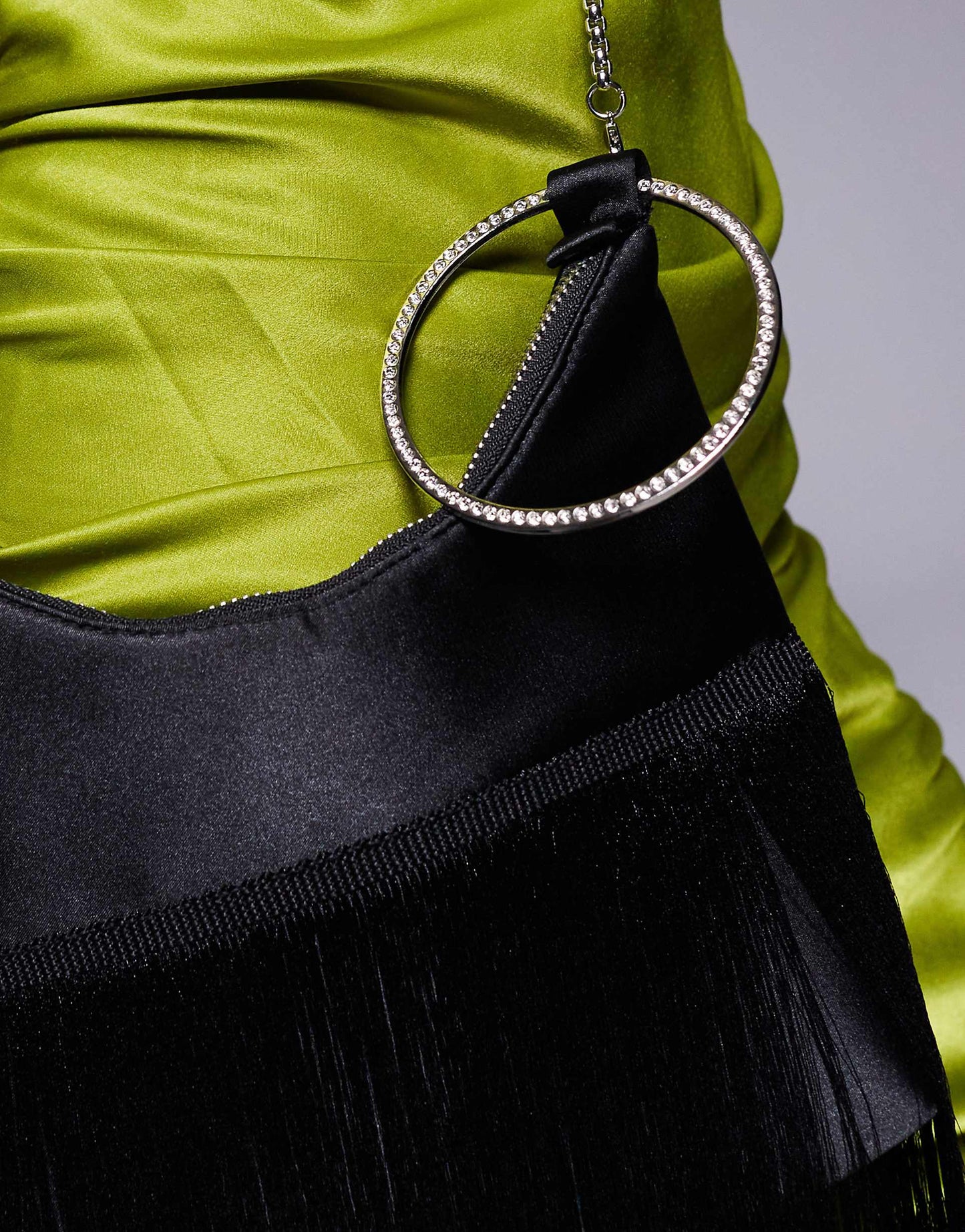 Fringe Evening Bag With Embellished Handle Detail And Shoulder Chain