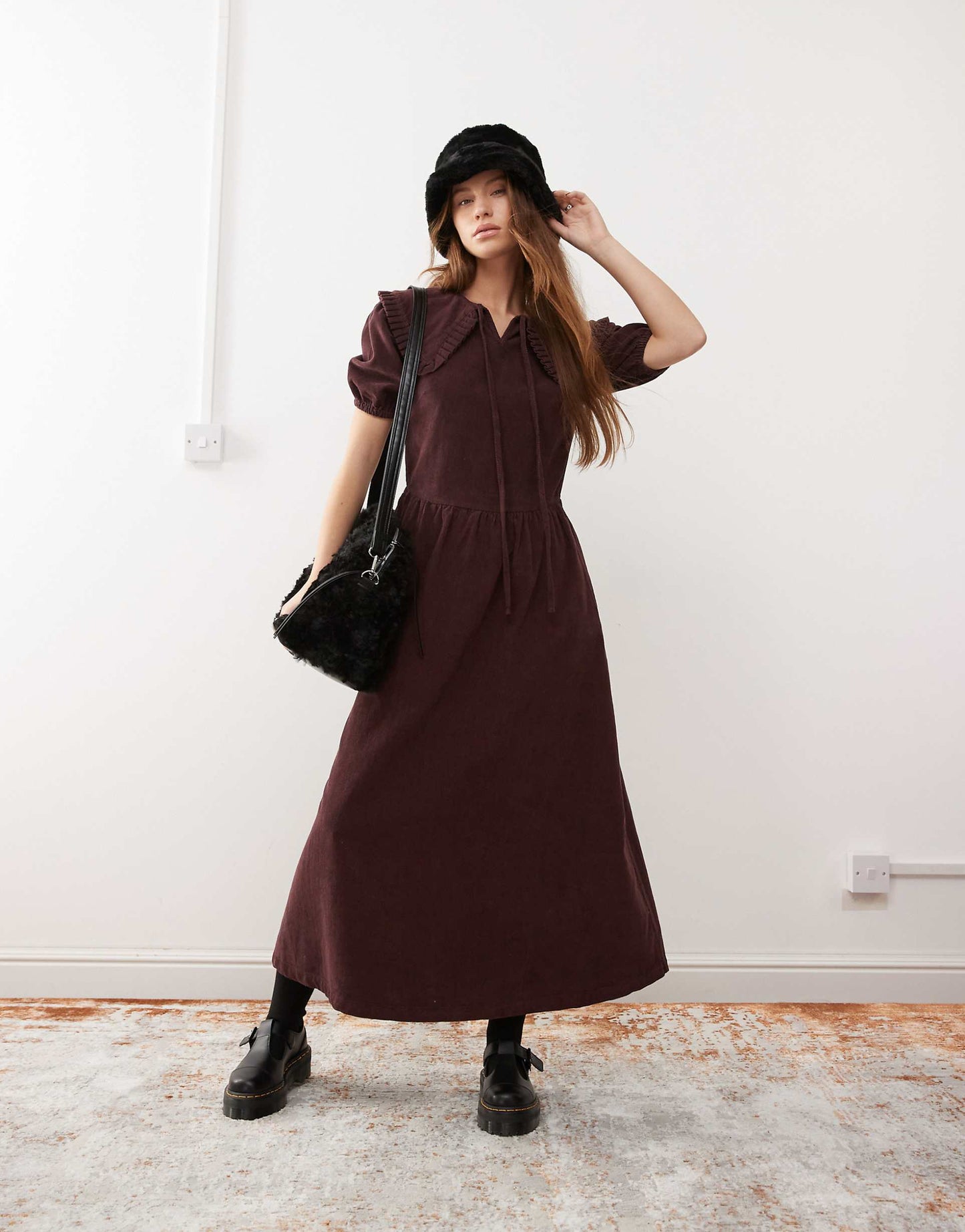 Cord Collar Detail Midi Dress