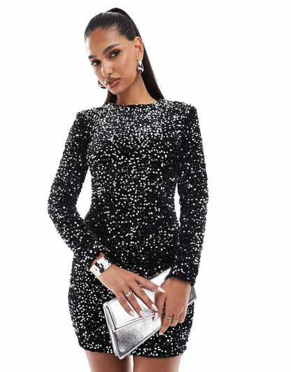 Sequin Structured Long Sleeve Mini Dress