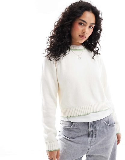 Crew Neck Jumper With Fashioning Detail And Tipping