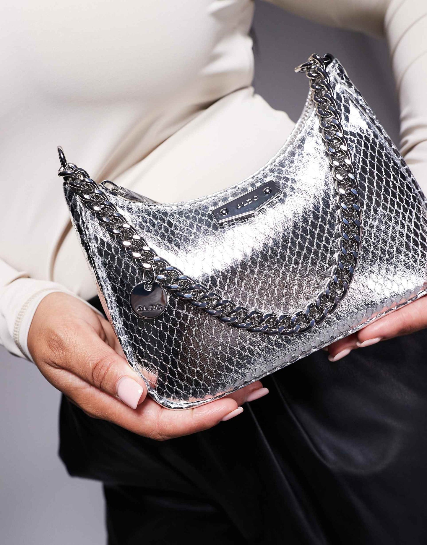 Metallic Shoulder Bag With Chain Detail