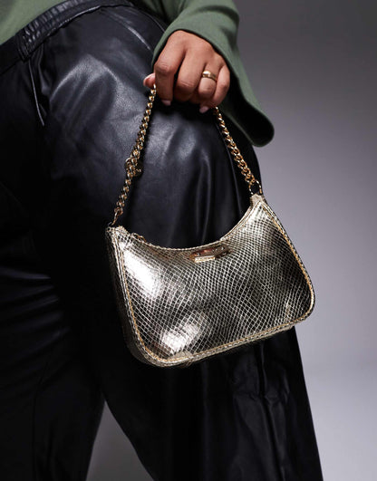 Metallic Shoulder Bag With Chain Detail