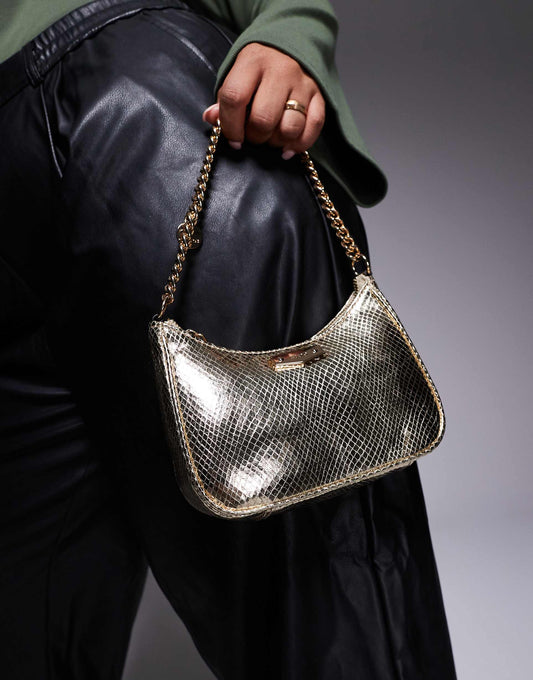 Metallic Shoulder Bag With Chain Detail