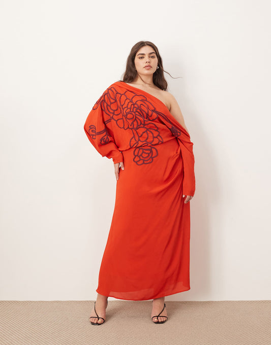 Curve Linear Embroidered Floral Slouchy Shoulder Drape Midi Dress