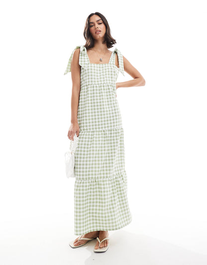 Tiered Gingham Maxi Dress With Tie Shoulders