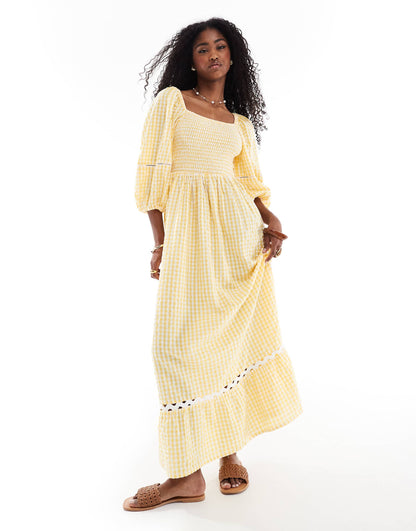 Puff Sleeve Gingham Maxi Beach Dress