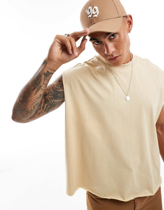 Extreme Oversized Heavyweight Sleeveless T-Shirt With Raw Edge