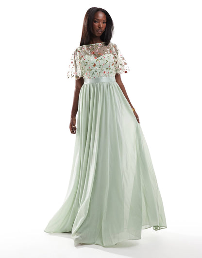 Embroidered Top Flutter Sleeve Maxi