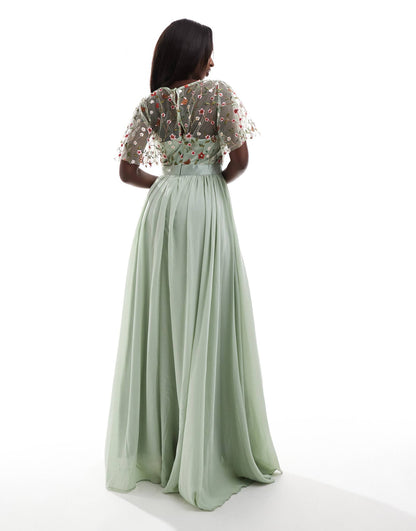 Embroidered Top Flutter Sleeve Maxi