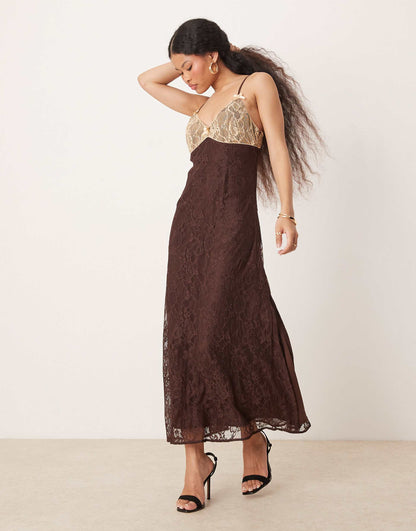 Petite Maxi Slip Dress With Contrast Lace