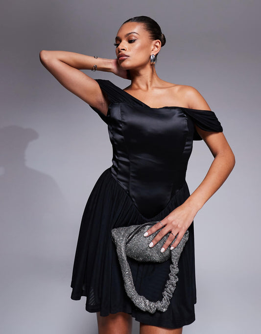 Fuller Bust Savannah Satin And Mesh Mini Corset Dress With Off Shoulder Detail